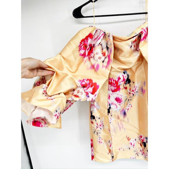 ASOS LUXE Drama Sleeve Structured Satin Off Shoulder Mini Dress in Floral Print - Picture 3 of 5